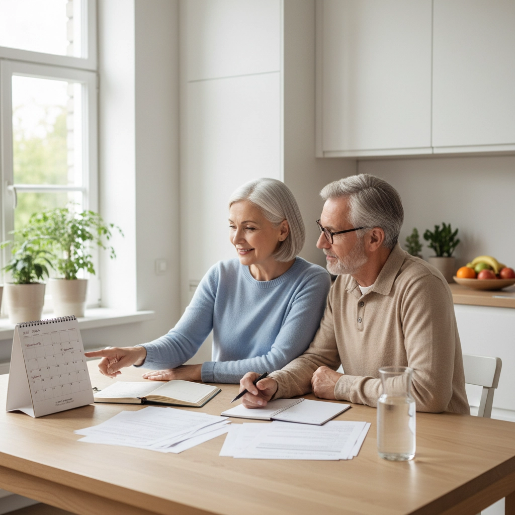 2 seniors sitting a table looking over paperwork and a calendar